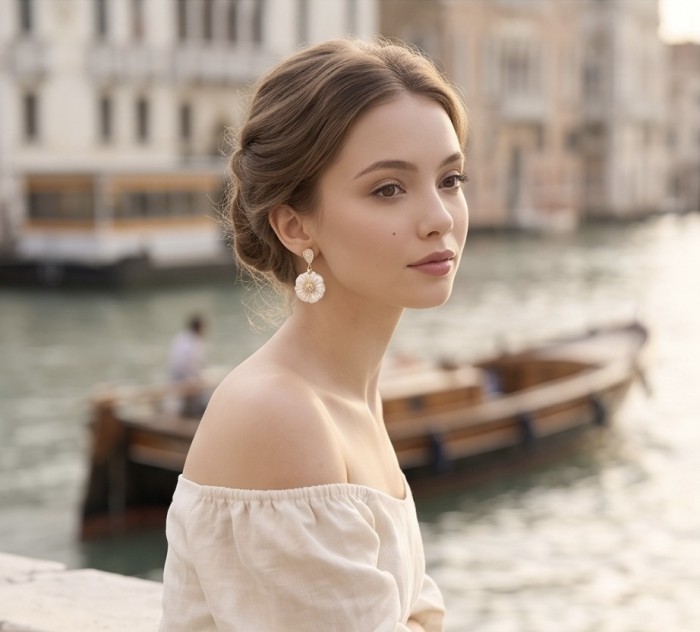 BLOOMING FLOWERS Genuine Blister Pearl 0.2 CARAT lab grown Diamond 18K Gold over .925 Sterling Silver handcrafted Statement Earrings - Woman wearing BLOOMING FLOWERS pearl earrings, side view by water.