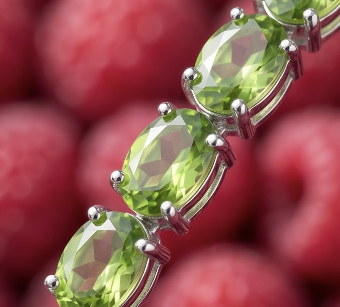 Vittoria Natural 27.7 carat Brazilian Peridot Rhodium over .925 Sterling Silver handmade Statement Bracelet - Close-up of oval peridot stones in a bracelet setting.