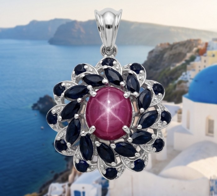 15.2 carat authentic Mozambique Star Ruby rhodium over .925 Sterling Silver handmade Pendant - Close-up of Mozambique Star Ruby pendant with sapphires and rhodium setting