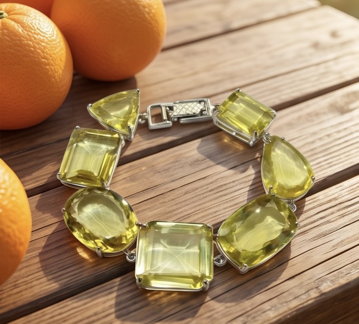 Luxurious Genuine 55.2 CARAT Lemon Quartz .925 Sterling Silver handcrafted Bracelet - Bracelet with lemon quartz stones on wooden table with oranges