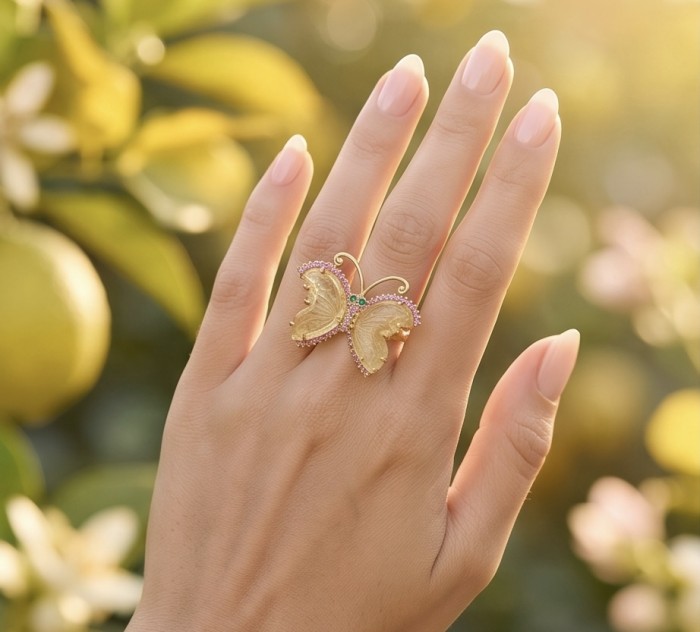 RARE BUTTERFLY Authentic 8.5 carat CARVED Brazilian Citrine .925 Sterling Silver brilliantly dipped in 18k Gold handcrafted Statement ring; s. 9 - Butterfly ring with carved citrine worn on hand against a garden background.