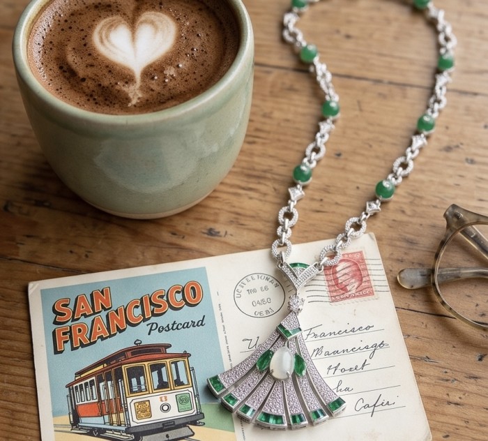 Art Deco - Authentic 6.7 CARAT natural Colombian Emerald 1.9 carat Moissanite .925 Sterling Silver handcrafted necklace - Art Deco necklace with emeralds on postcard and beside coffee cup.