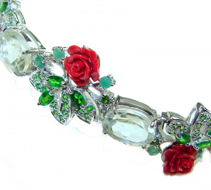 Enchanted Rose Garden Genuine carved Coral .925 Sterling Silver handcrafted Bracelet - photo 1