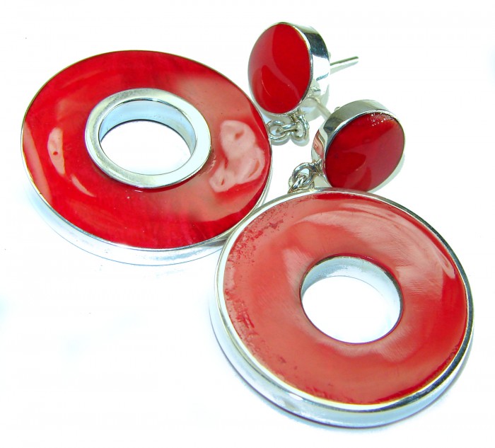 Large Genuine Red Fossilized Coral .925 Sterling Silver handmade earrings - photo 4