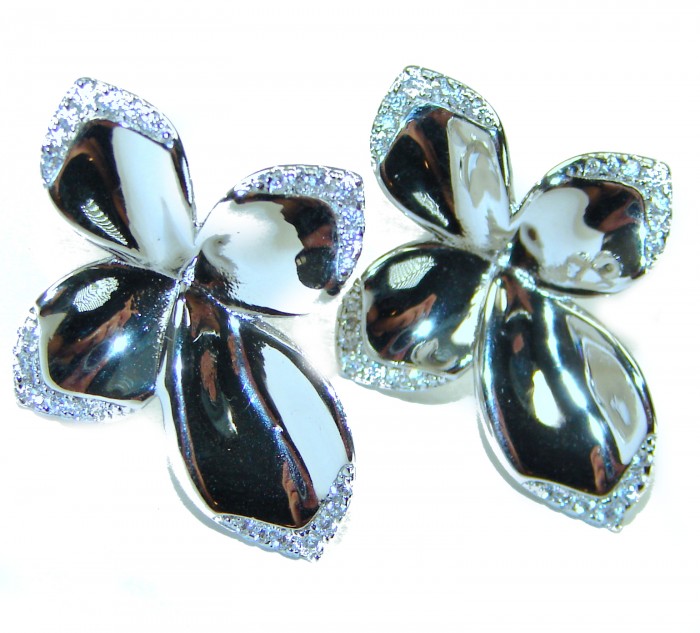 Lotus flower White Topaz highly polished Rhodium over .925 Sterling Silver Italy made Earrings - photo 3
