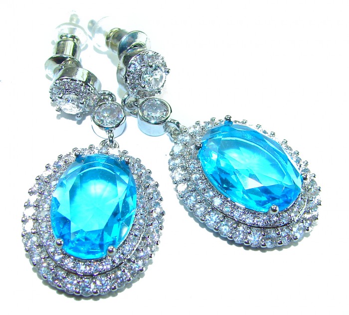 Atlantica 8.5 carat genuine Swiss Blue Topaz .925 Sterling Silver handmade Statement earrings - Close-up of Atlantica Swiss Blue Topaz earrings on sterling silver.