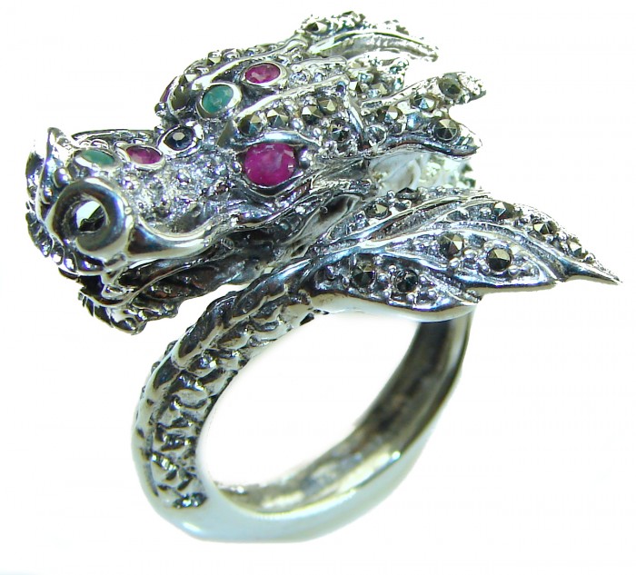 Reclaim your Power 12.5 grams Authentic Marcasite .925 Sterling Silver Handcrafted Large Ring size 8 - Detailed view of dragon-shaped sterling silver ring with marcasite stones.