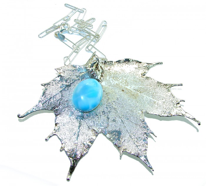 Beautiful Nature 8.2 carat Larimar Real Leaf dipped in Real .925 Sterling silver handcrafted necklace - Leaf pendant with blue Larimar stone, chain detail shown