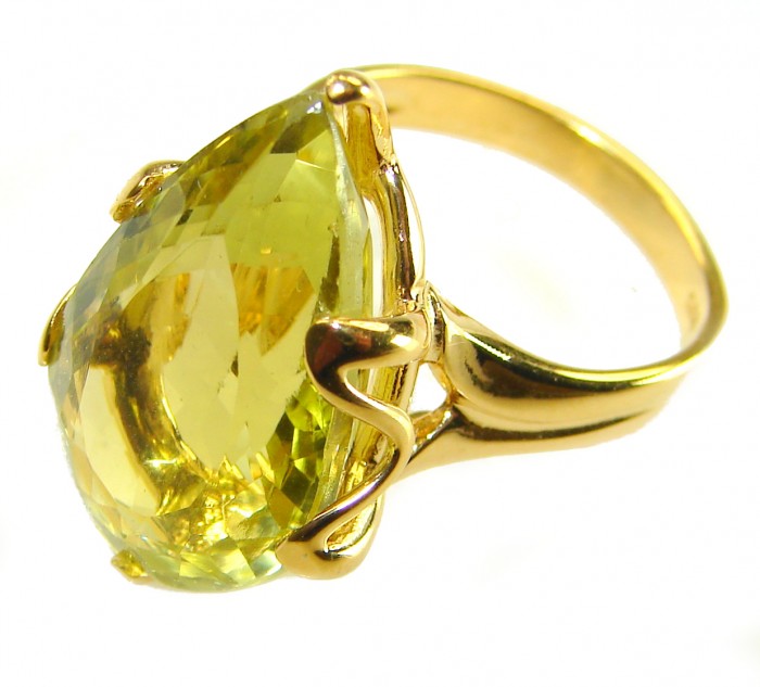 8.8 carat Genuine Lemon Quartz 14K Gold over .925 Sterling Silver handcrafted ring size 6 - Side view of 8.8 carat lemon quartz ring in 14K gold over sterling silver