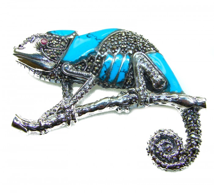 Spectacular Big Chameleon Lizard inlay Turquoise .925 Sterling Silver handmade Brooch - Side view of chameleon brooch with turquoise inlay and sterling silver.