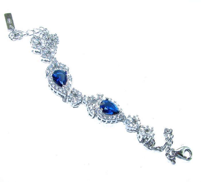 Magnificent Jewel 6.5 carat Sapphire .925 Sterling Silver handcrafted incredible Bracelet - Sapphire bracelet front view showing stones and clasp details.