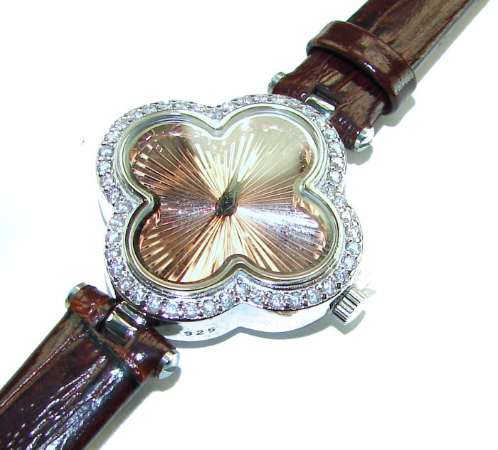 Precious Four Leaf Clover Genuine Leather strap .925 Sterling Silver handmade Watch - Four-leaf clover watch, top view, leather strap, and crystal accents.