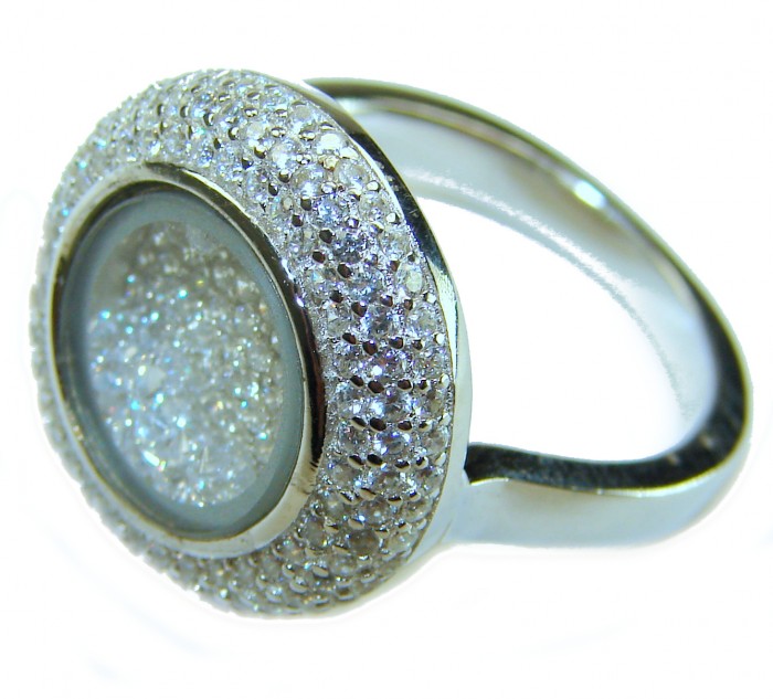 Floating Memories 12.5 carat White Topaz .925 Sterling Silver Handcrafted Ring size 6 1/4 - Close-up of Floating Memories ring with white topaz, side angle view