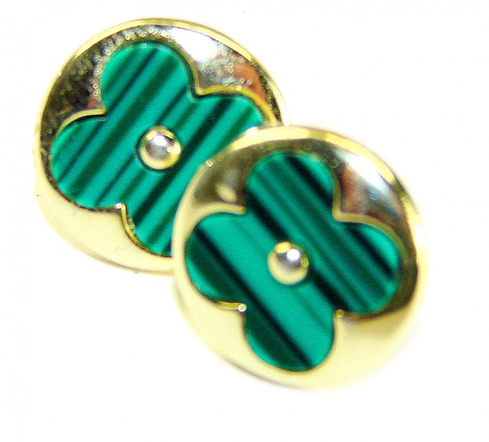 Outstanding inlay authentic Malachite Lucky Four Leaf Clover .925 Sterling Silver Earrings - Close-up of inlay malachite four-leaf clover earrings.