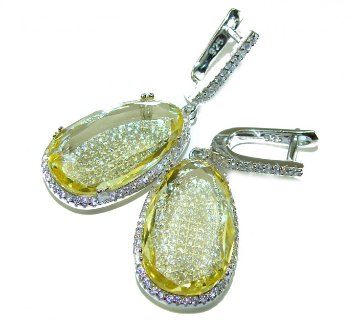 Costa del Sol 15.8 carat Lemon Quartz .925 Sterling Silver handcrafted Statement Earrings - Close-up of Costa del Sol Lemon Quartz earrings with sterling silver.