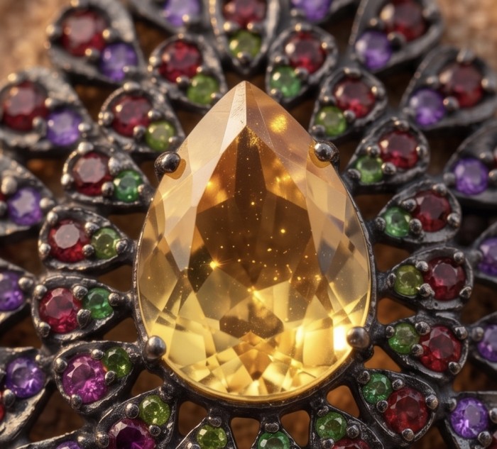 Valentina - Vintage Design Genuine 28.5 carat Citrine .925 Sterling Silver dipped in black rhodium handmade Pendant Brooch - Close-up of vintage design citrine and colorful gemstone arrangement