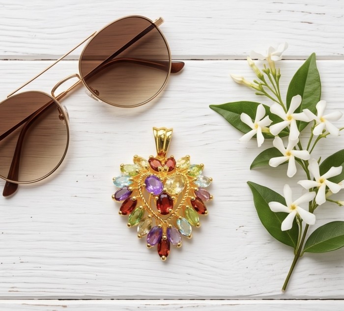 Colorful Love Precious 18.5 carat natural Multigem 18k Gold over .925 Sterling Silver Statement Pendant - Top view of colorful multigem pendant with sunglasses and flowers.