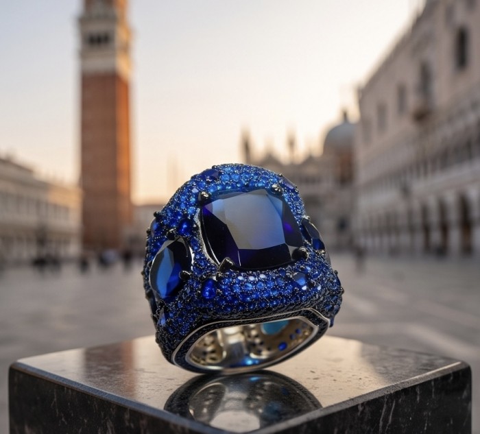 Iconic design - Natural 14.5 carat Sapphire 4.8 carat pave Sapphire rhodium over .925 Sterling Silver handcrafted ring size 6 1/4 - Close-up of 14.5 carat sapphire ring with 4.8 carat pave, city backdrop