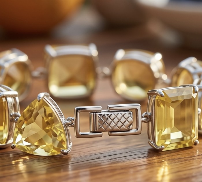 Luxurious Genuine 55.2 CARAT Lemon Quartz .925 Sterling Silver handcrafted Bracelet - Lemon quartz bracelet close-up, showcasing detail in silver setting.