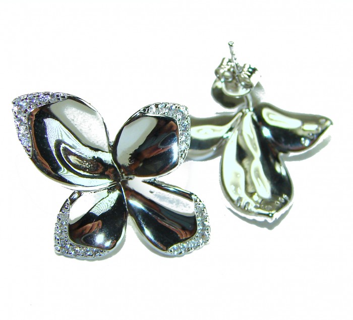 Lotus flower White Topaz highly polished Rhodium over .925 Sterling Silver Italy made Earrings - photo 1