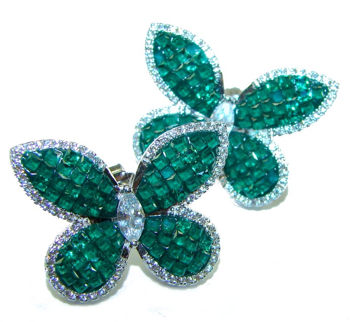 Incredible Butterflies genuine 15.2 carat Emerald .925 Sterling Silver handcrafted Earrings - Emerald butterfly earrings with diamond border, front view close-up.
