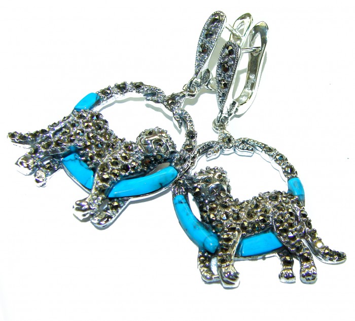 Cheetah Turquoise Ruby Marcasite .925 Sterling Silver Handcrafted earrings - Cheetah turquoise sterling silver earrings, front angle view.