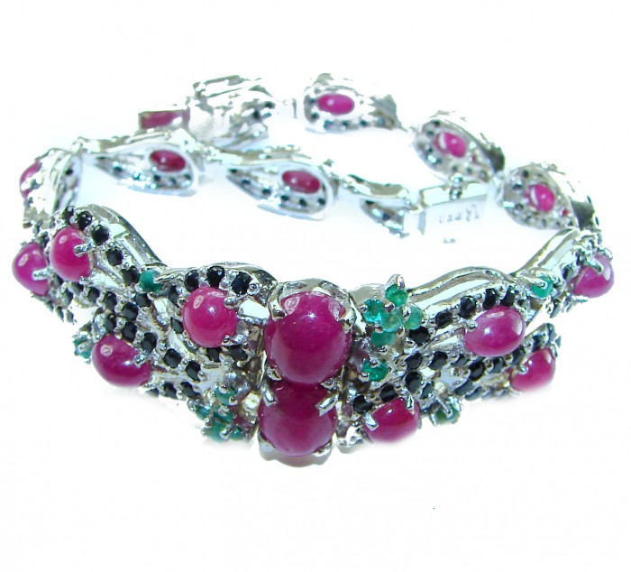 Gabriella 49.5 carat Genuine Ruby Emerald Sapphire .925 Sterling Silver handcrafted Bracelet - Bracelet with rubies, emeralds, sapphires; detailed front view.