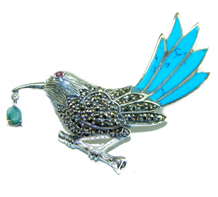Blue Bird genuine INLAY Turquoise Marcasite .925 Sterling Silver handmade Brooch - Side view of blue bird marcasite and turquoise sterling silver brooch.