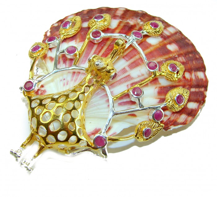 Greaceful Peacock Genuine Ocean Shell Ruby 14K Gold over .925 Sterling Silver handcrafted Pendant brooch - Peacock jewelry with shell, gold, and rubies, front view.