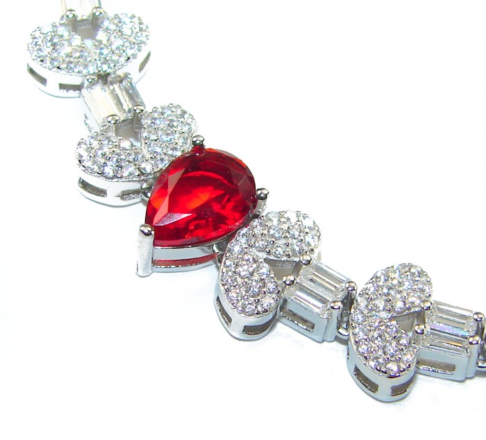 Art Deco - Crimson Royalty 4.2 carat Ruby .925 Sterling Silver .925 Sterling Silver Statement Bracelet - Close-up of Art Deco necklace with red ruby and diamond accents.
