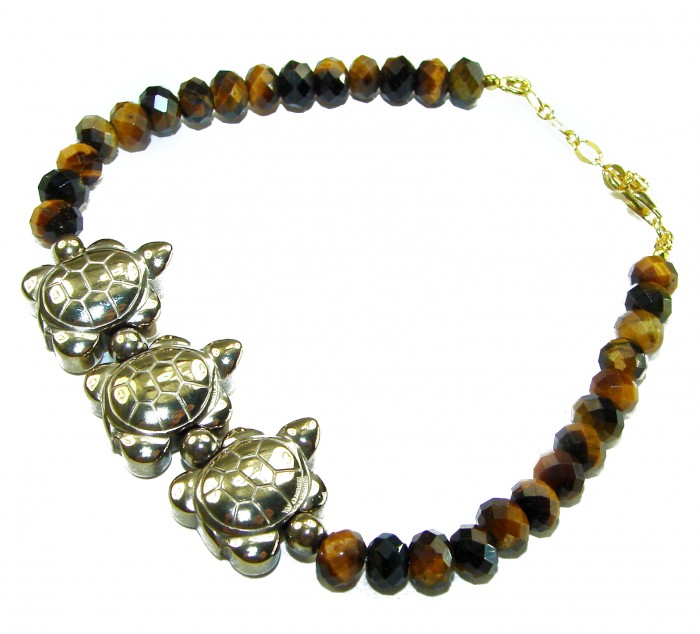 Three Turtles Tigers Eye 14K Gool over .925 Sterling Silver Bracelet - Beaded bracelet with turtle charms, top view.