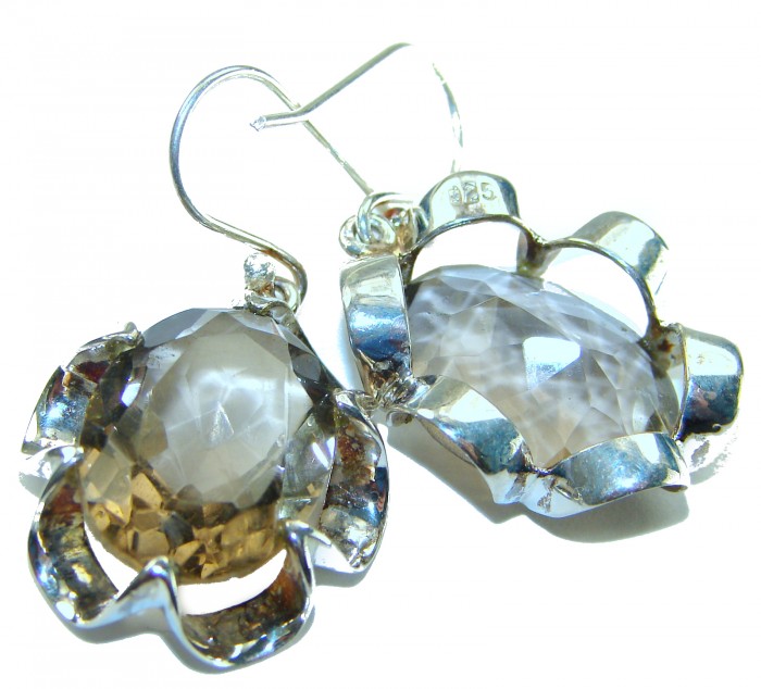 Alessandra 12.5 carat Champagne Smoky Topaz .925 Sterling Silver handmade Earrings - Close-up of Alessandra earrings with smoky topaz in sterling silver settings.