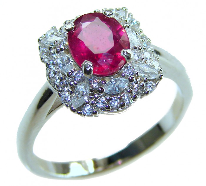 Authentic Ruby .925 Sterling Silver brilliantly handcrafted ring s. 6 3/4 - Close-up of crafted ruby ring in sterling silver with diamond accents
