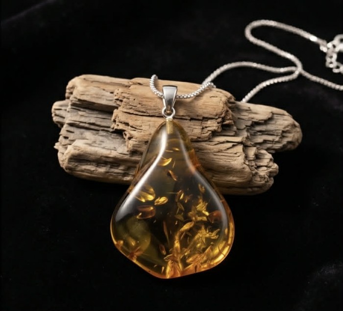 Sea Treasure Prehistoric Authentic Baltic Amber .925 Sterling Silver beautifully handcrafted Pendant - Baltic amber pendant with silver chain, displayed on driftwood.