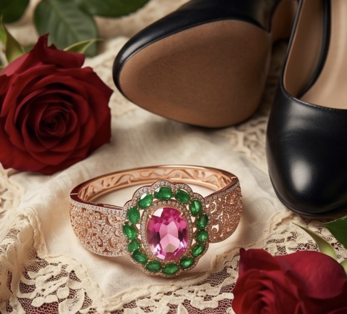 Ultimate Escape Luxurious Pink Rainbow Topaz 18K Rose Gold over .925 Sterling Silver handmade Bracelet - Close-up of pink topaz bangle on lace with roses and shoes.