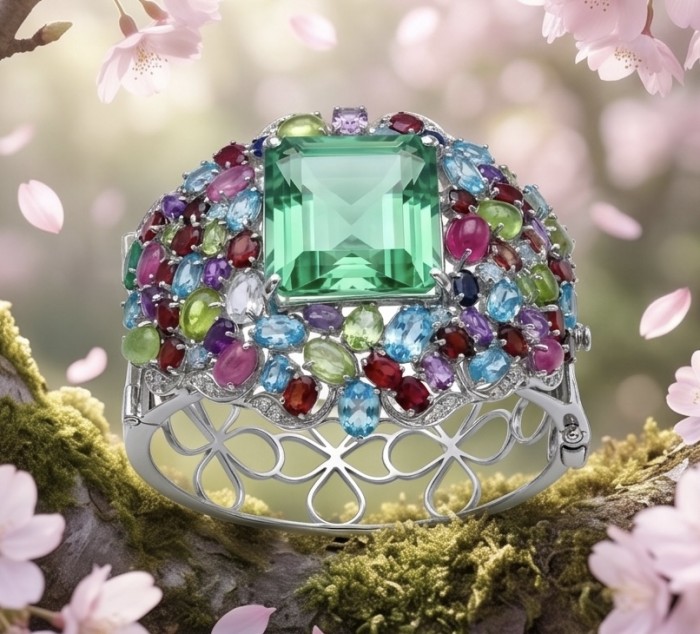 Abundance of Blessing Authentic 42.9 Apatite multigems .925 Sterling Silver handmade bangle Bracelet - Close-up of multigem ring with green apatite centerpiece, floral background.