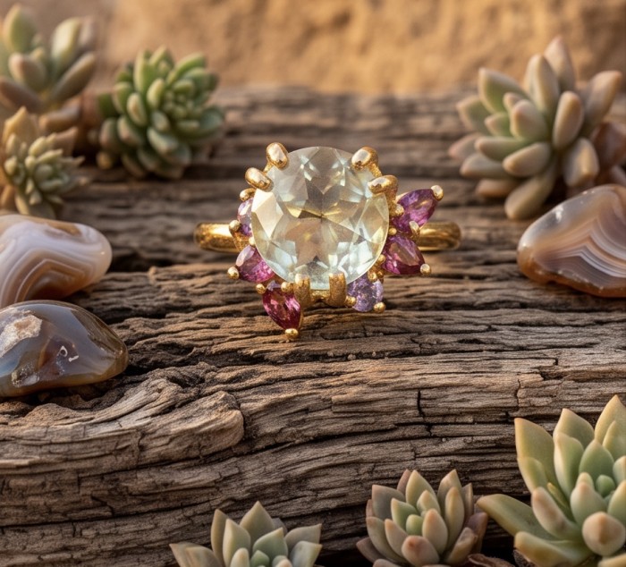 Vivien 3.2 carat Brazilian Citrine .925 Sterling Silver dipped in 18K Gold handcrafted ring; s. 7 - Ring with citrine and purple stones on wood, surrounded by succulents.