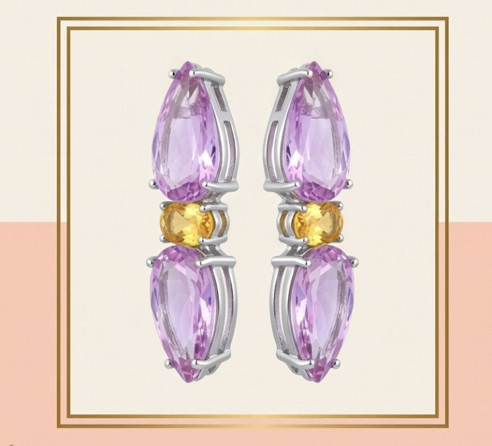 Incredible pear cut 25.5 carat Pink Topaz Rhodium over .925 Sterling Silver handcrafted Statement earrings - Front view of Pink Topaz earrings with yellow accents.