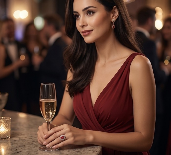 Classy design - baquette cut 6.7 carat natural Ruby .925 Sterling Silver Perfectly handcrafted Ring s. 9 - Woman wearing ruby ring, front view, with a glass of champagne.