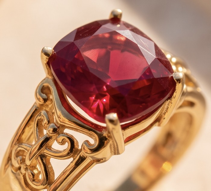 Bella Rosa Genuine 8.5 CARAT Star Ruby 22K Gold over .925 Sterling Silver Statement Ring size 9 - Close-up of Bella Rosa 8.5-carat star ruby in 22K gold setting.