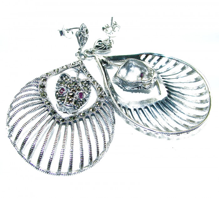 Cheetah Spectacular Ruby Marcasite .925 Sterling Silver LARGE earrings - Cheetah earrings with ruby marcasite, front view detail.