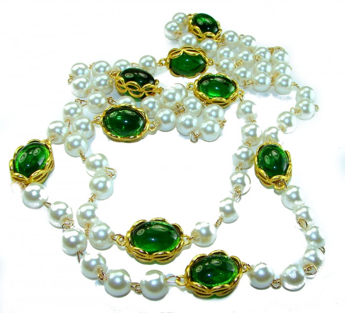 Incredible 48 inches long Freshwater Pearl 10K Gold over .925 Sterling Silver handmade Necklace - Long pearl necklace with green stones and gold settings on white background.