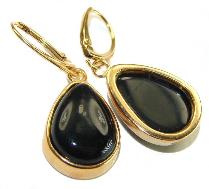 Outstanding authentic Onyx 14K Gold over .925 Sterling Silver Earrings - Close-up of onyx earrings in 14K gold over sterling silver.