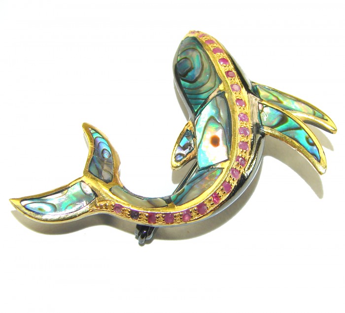 Dolphin Natural Rainbow Abalone Ruby 14K Gold over .925 Sterling Silver handmade Pendant Brooch - Dolphin brooch with abalone and ruby, side view, gold over sterling silver.