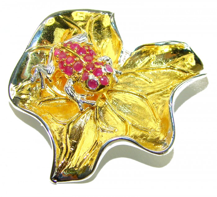 Red Frog Excellent 5.5 carat Ruby 14K Gold over .925 Sterling Silver handcrafted Pendant Brooch - Red frog brooch on gold flower, top view, ruby stones, silver accents