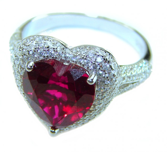 Gabriella HEARTcut 6.8 carat Ruby .925 Sterling Silver handcrafted Cocktail Ring s. 8 1/4 - Heart-cut ruby ring with diamond accents, top view close-up.