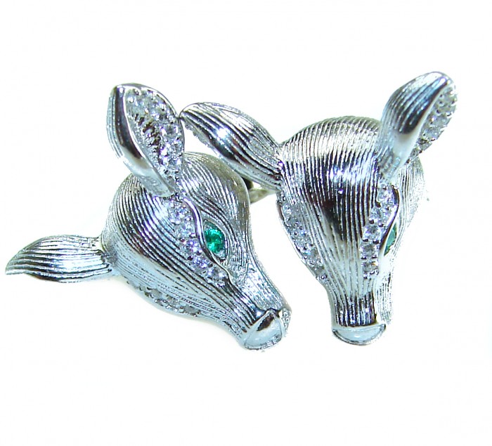 Deer'S Head 0.7 carat Emerald .925 Sterling Silver handmade Statement earrings - Deer's head jewelry with emerald eyes, front angle, sterling silver detail.