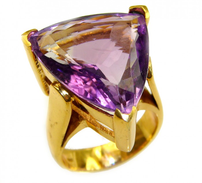 Purple Royalty 25.5 carat Amethyst .925 Sterling Silver dipped in 18K Gold over Handcrafted Ring size 8 - Triangular amethyst ring, gold setting, top view, 25.5 carat stone.