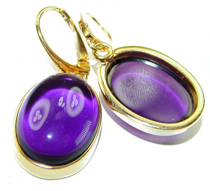 Lavender Beauty authentic 16.2 carat Amethyst 14K Gold over .925 Sterling Silver handcrafted earrings - Close-up of Lavender Beauty amethyst earrings with gold setting