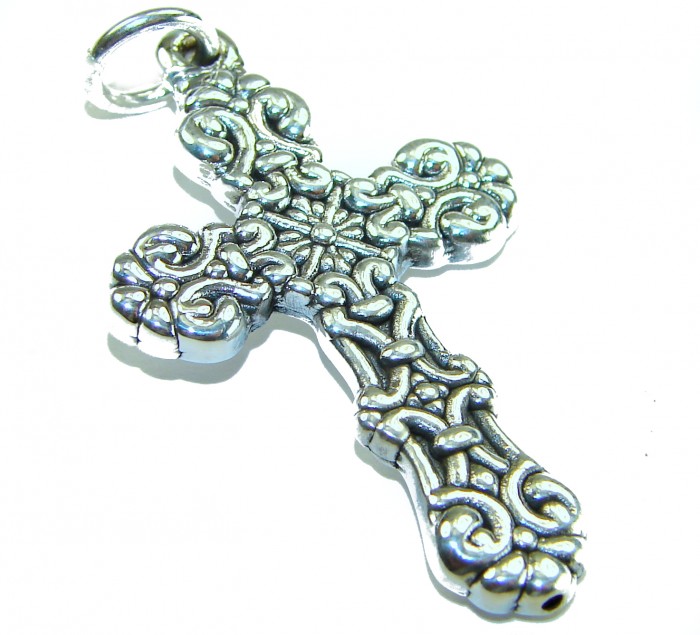 Holy Cross the best quality .925 Sterling Silver Bali made Pendant - Intricately designed Bali sterling silver cross pendant, angled view.